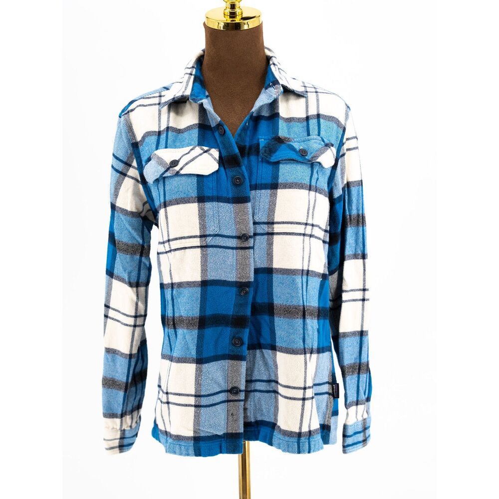 Patagonia Mens XS Flannel Button Up Shirt Plaid Blue White Collared Long Sleeve